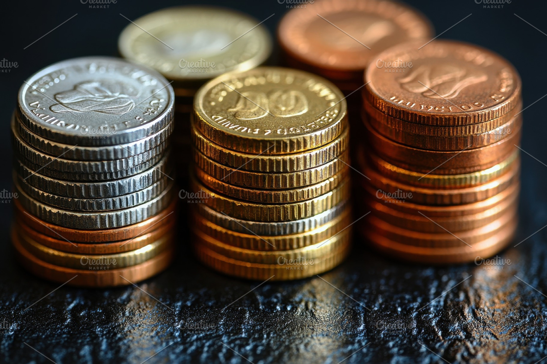 Stacked coins of various denominatio, a Photo by Tanuart