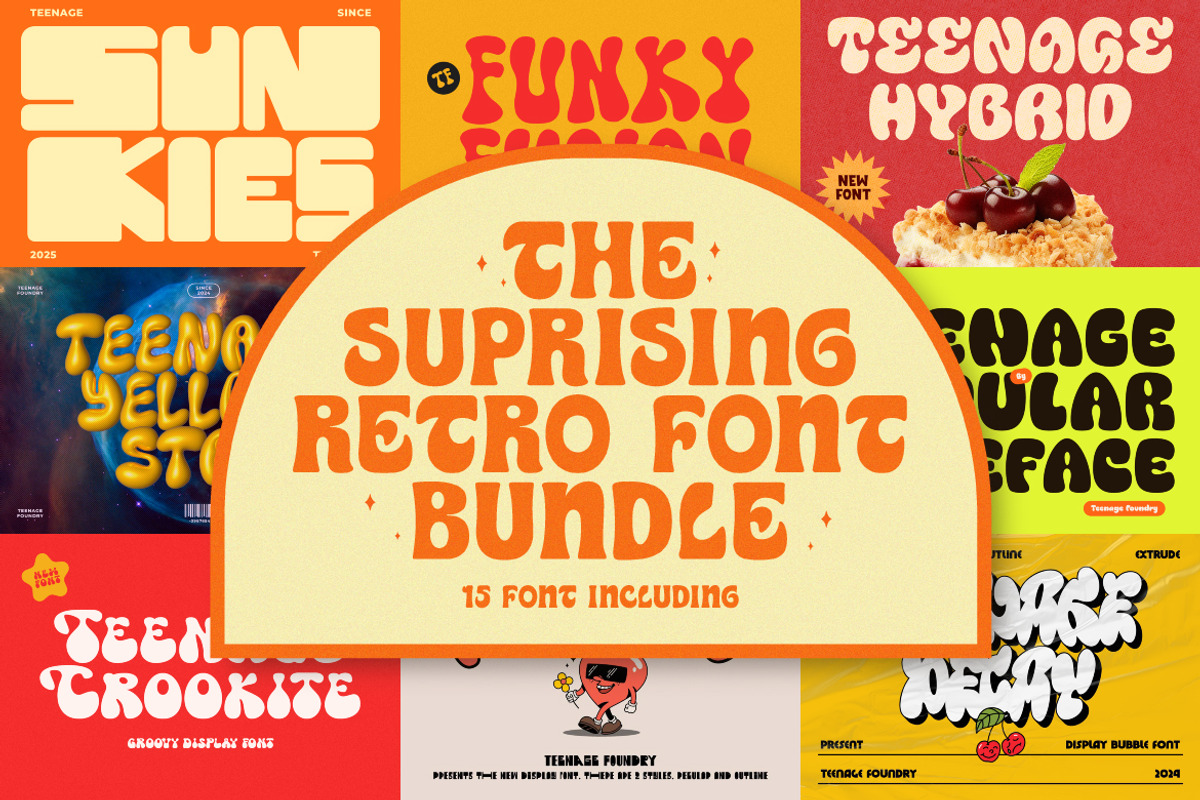 The Suprising Retro Font Bundle, a Sans Serif Font by TeenageFoundry (Photo 1 of 15)