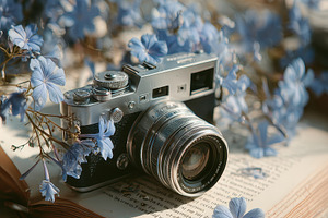 Vintage Camera on Book with Blue Flo, a Photo by Pixeness Studio