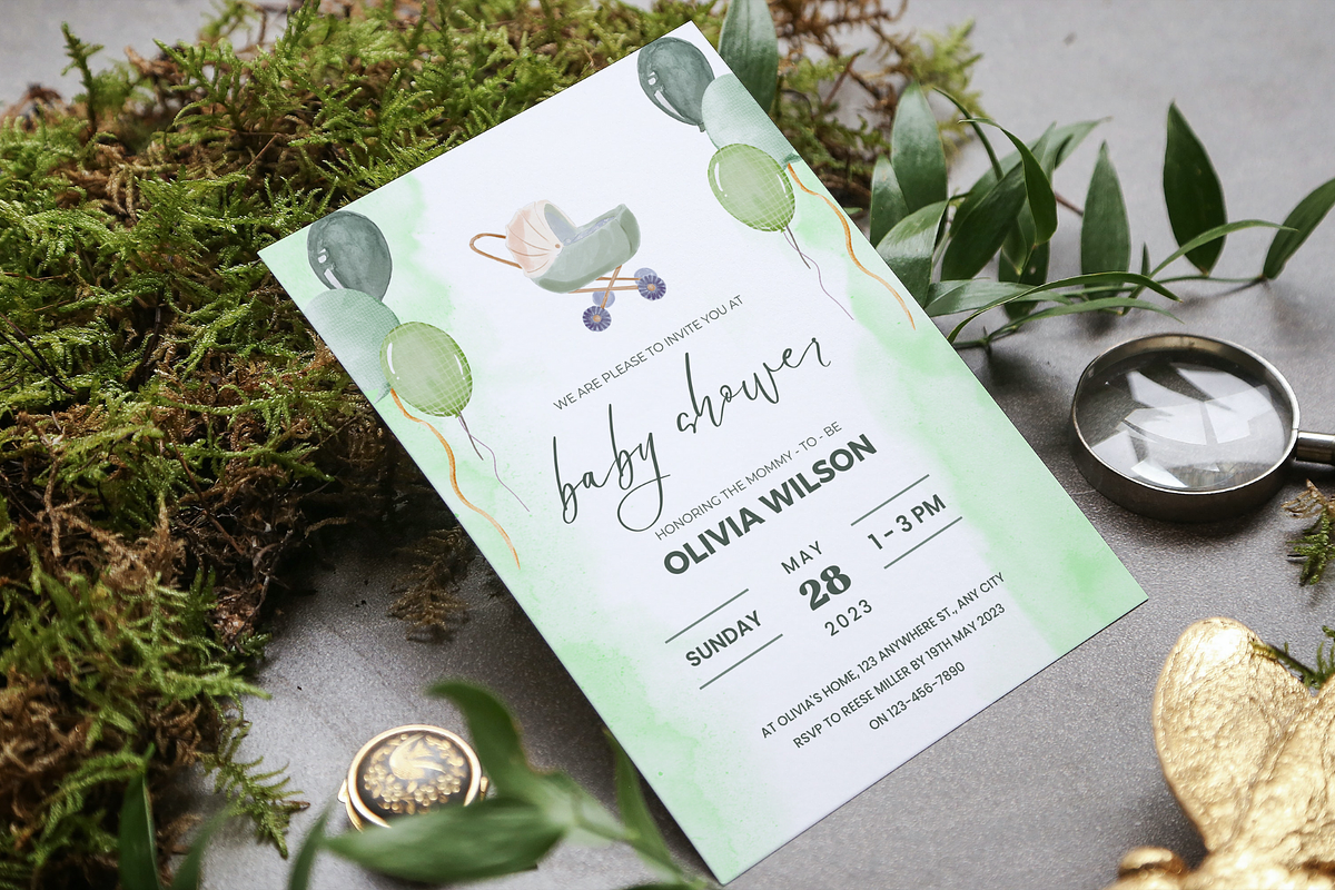 Green Baby Shower Invitation Card, an Invitation Template by TheSimplySereneShop (Photo 1 of 11)