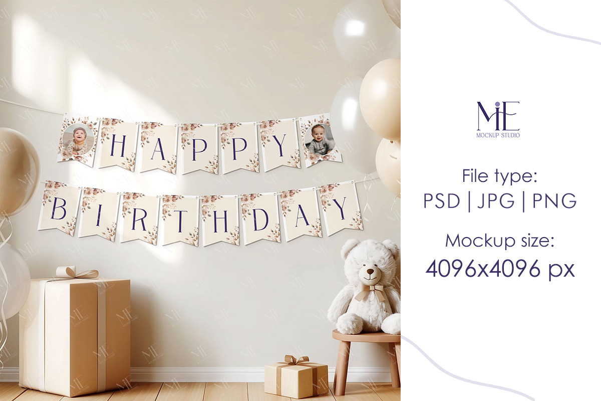Birthday Bunting Banner Cards Mockup, an Advertising Mockup by Mie Mockup Studio (Photo 3 of 6)