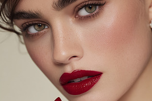 Woman's close up enhancing her lips with bright red lipstick, sh, a Photo by Studio ANNA