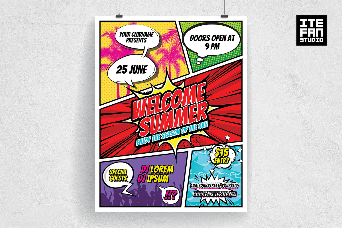 Comic Style Summer Party Flyer, a Flyer Template by itefan Studio