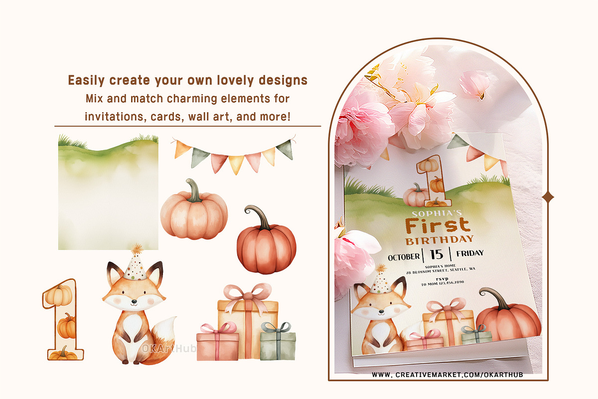 Autumn Pumpkin Birthday Clipart, a Decorative Illustration by OKArtHub (Photo 2 of 9)