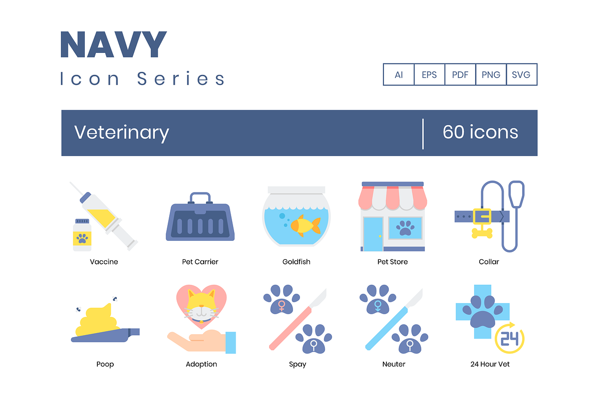 60 Veterinary Icons | Navy Series, an Outline Icon by Flat Icons