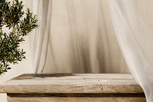 Natural wooden table with olive tree, an Architecture Photo by hitdelight