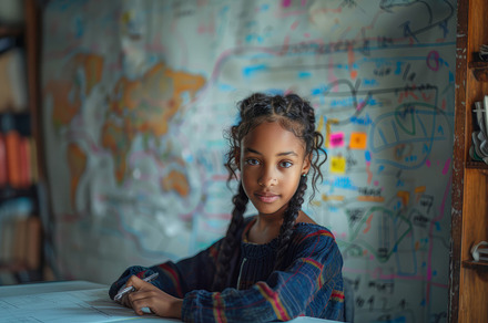Focused Young African Girl Studying Math in a Classroom With Colorful World Map, a Photo by AS photostudio