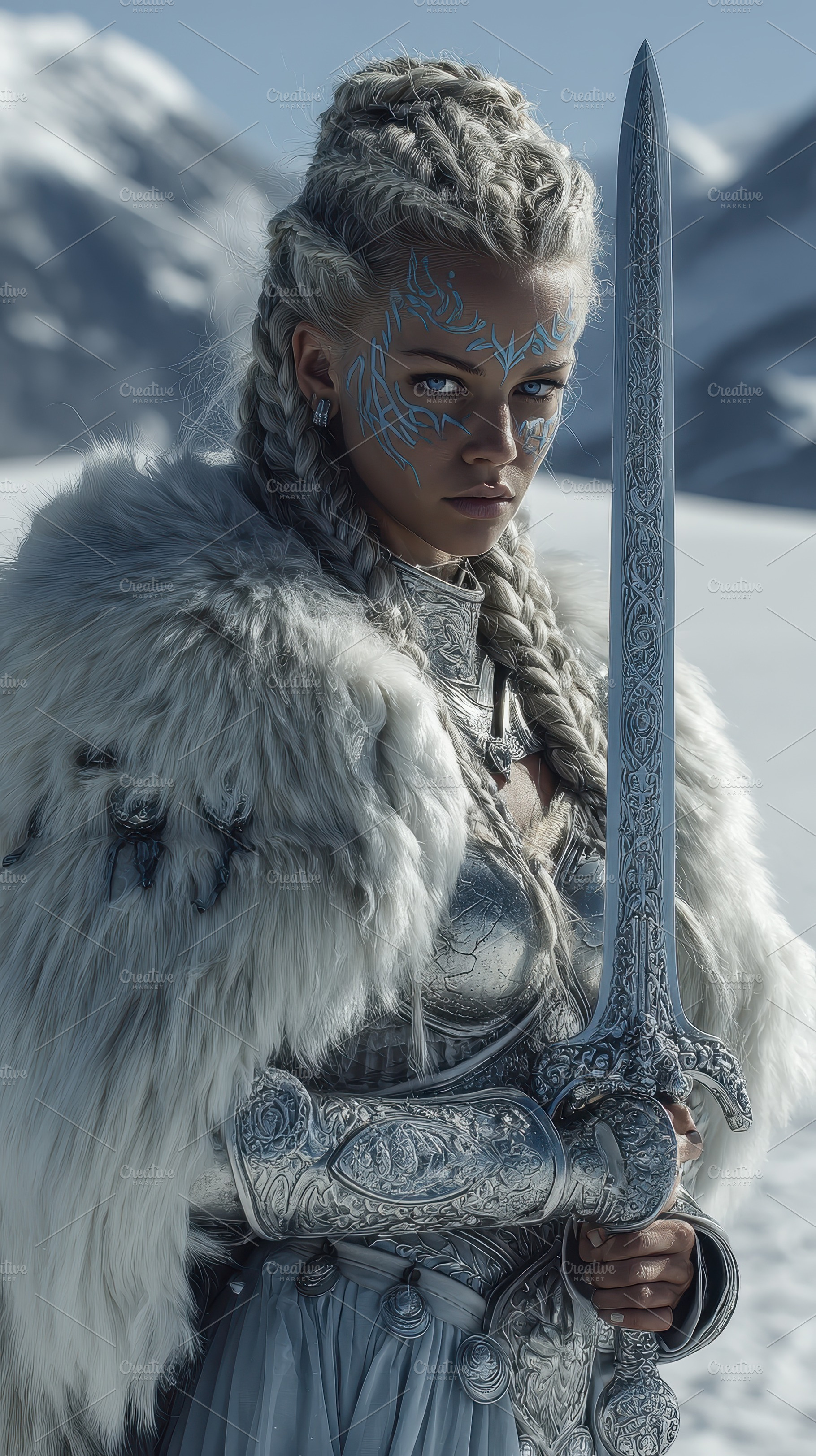 Ice Queen Warrior Woman Sword Winter, a Photo by Pixeness Studio