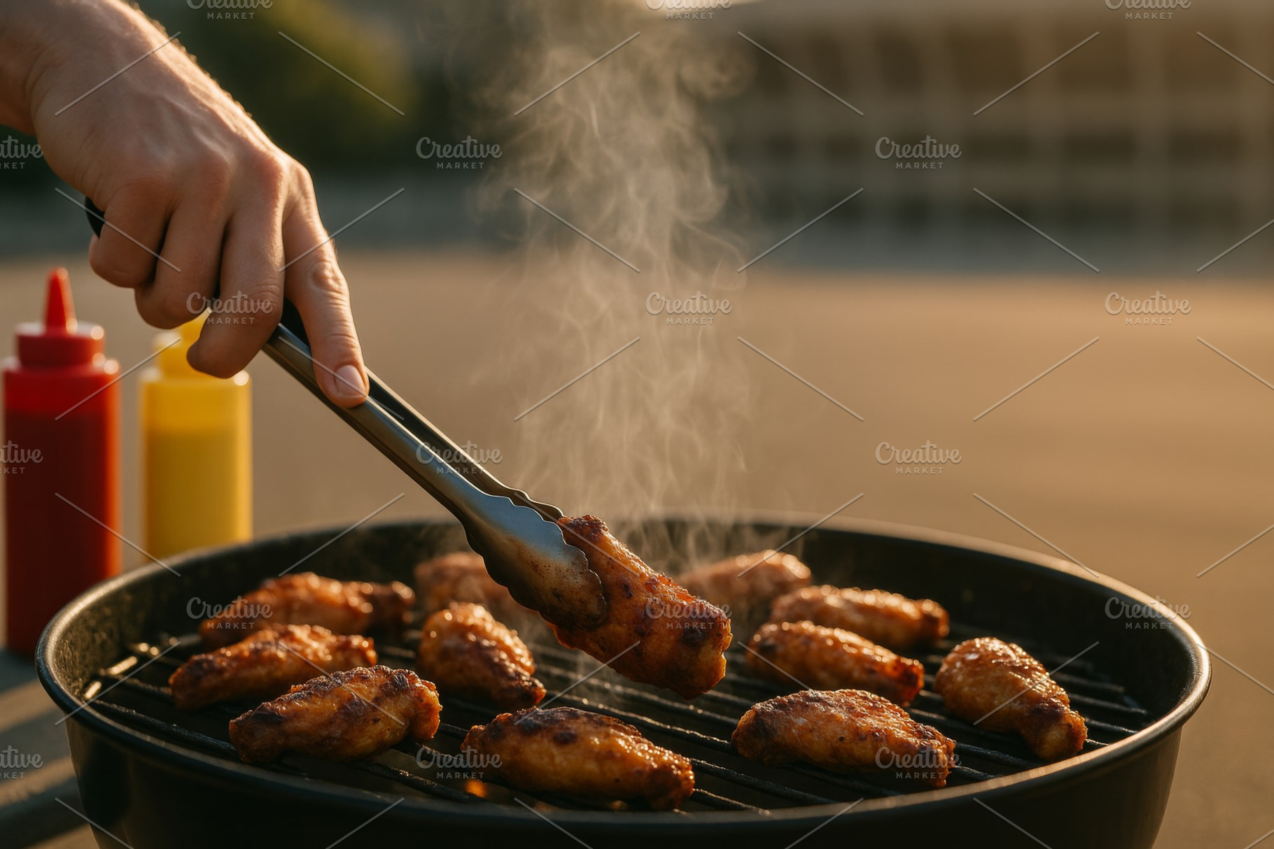 Grilling chicken wings at american f, a Photo by Dvoevnore photos