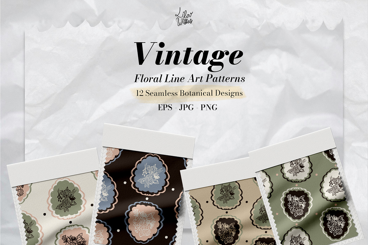 Vintage Floral Line Art Patterns, a Pattern Graphic by lilovwishes (Photo 1 of 7)