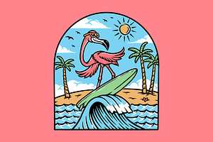 flamingo is surfing while having fun, an Animal Illustration by gunaonedesign