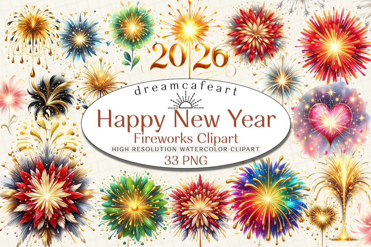 Happy New Year Fireworks Clipart, an Illustration by DreamCafeArt (Photo 1 of 7)