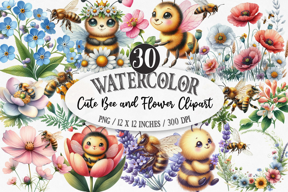 Cute Bee and Flower Clipart, an Illustration by Designking (Photo 1 of 5)