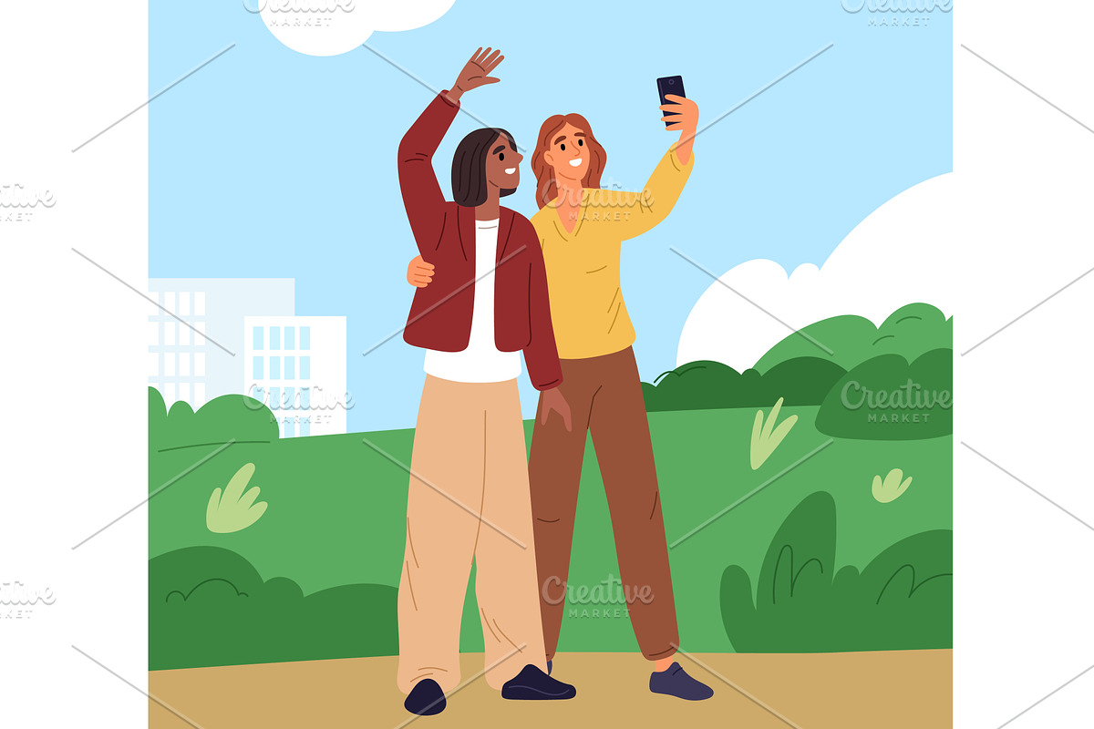 Two cheerful friends take selfie on, a Person Illustration by Vectorbuum