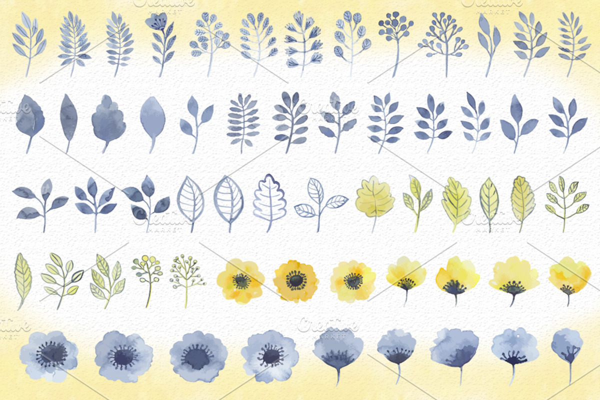 Watercolor set of yellow and indigo, an Illustration by BrushArtDesigns (Photo 2 of 6)