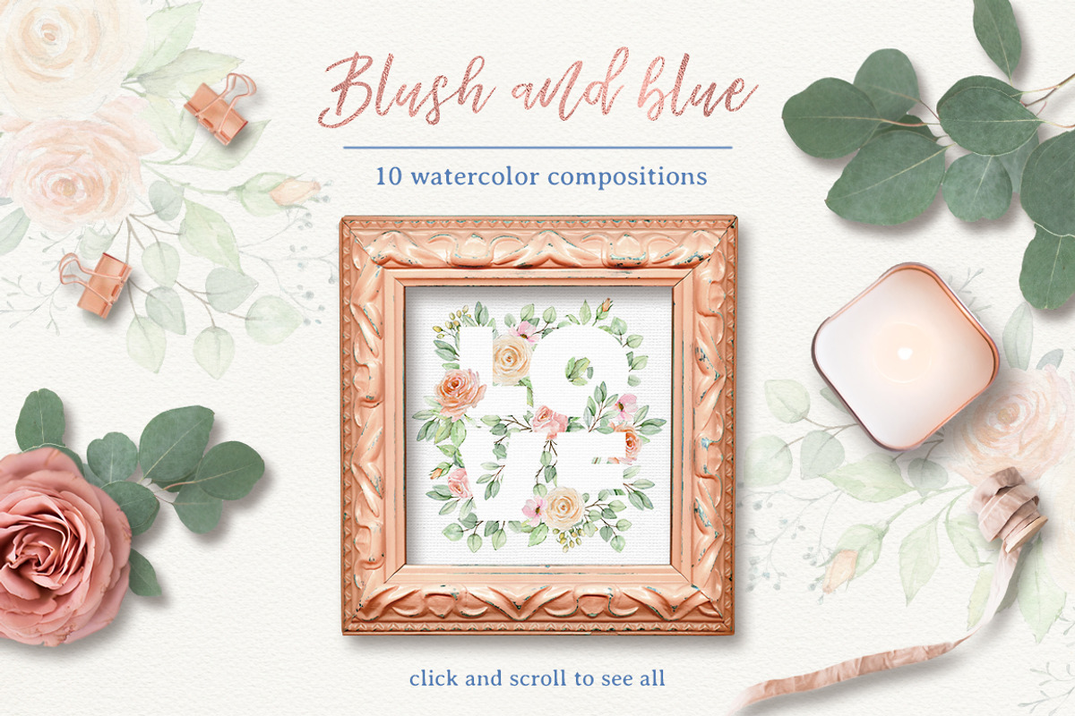 Blush and blue - watercolor clipart, a Decorative Illustration by long summer (Photo 4 of 8)