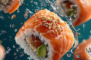 Delicious Salmon Sushi Rolls Splashi, a Photo by Pixeness Studio