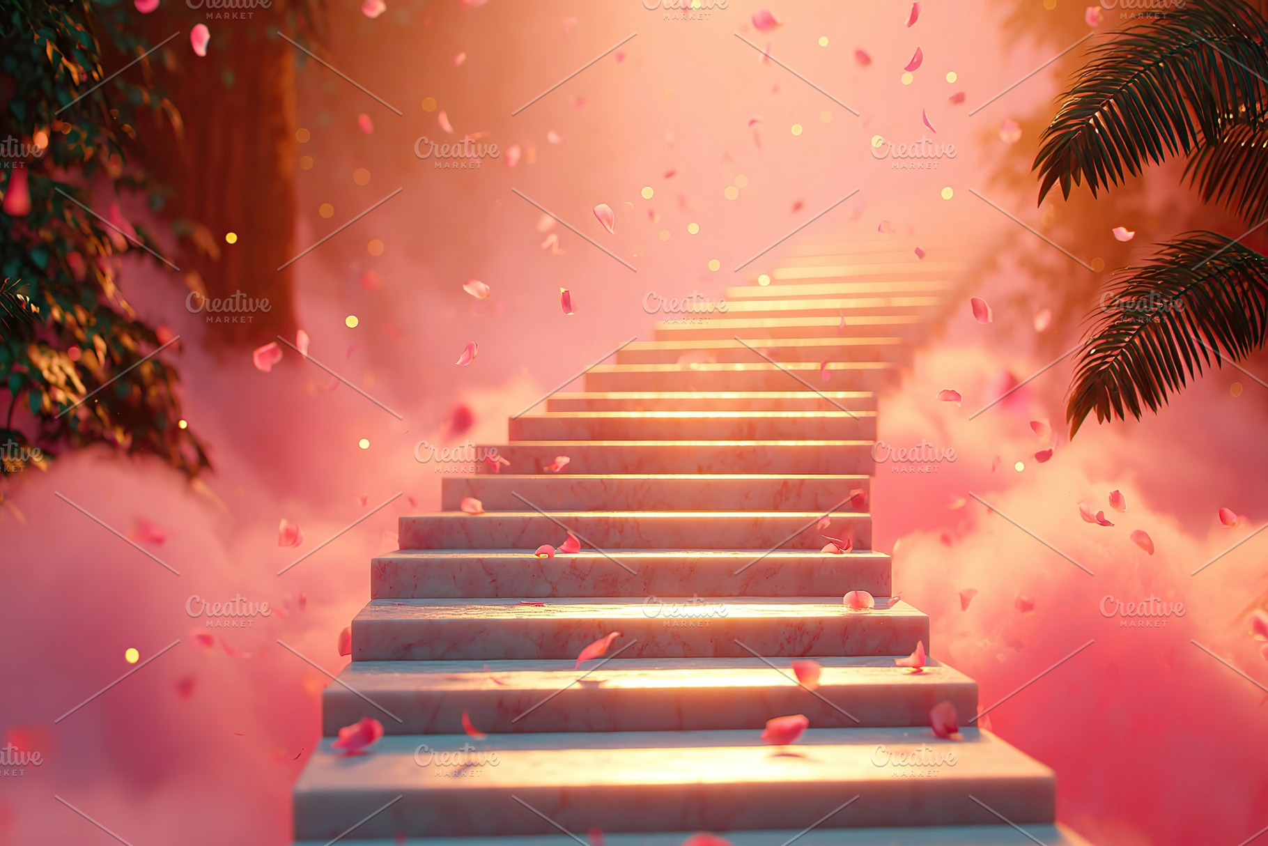 Stairway shrouded in mist with petals leading to an enchanting destination, a Photo by AlyaAnd