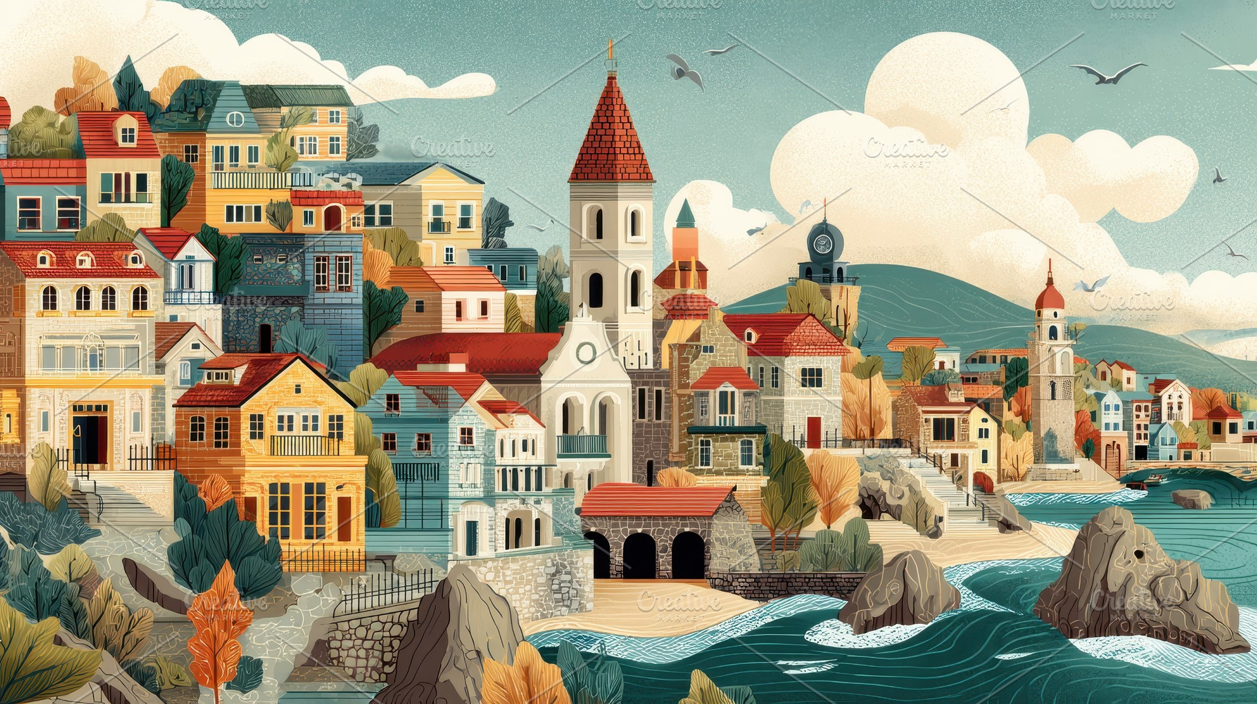 Homes nestle on coastal hills, a Photo by Pavel_design