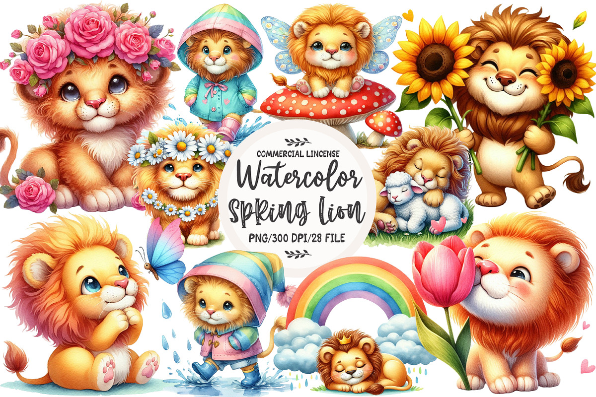 Cute Spring Lion Clipart, an Illustration by OK Design (Photo 1 of 5)