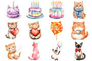 Watercolor Cats Birthday Clipart, a Seasonal Illustration by CitraGraphics (Thumbnail 2 of 7)