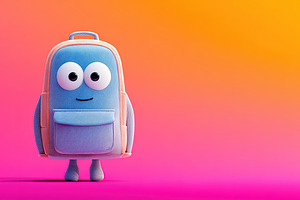 Adorable blue backpack cartoon character standing on a vibrant p, an Abstract Photo by Ales Munt