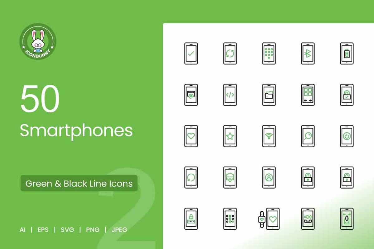 Smartphones Green & Black Line Icons, an Icon by IconBunny (Photo 1 of 2)