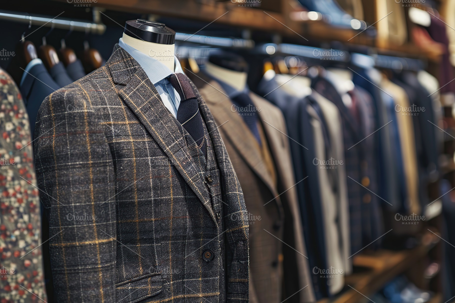 Row of men suits hanging in fashion store, a Business Photo by AlyaAnd