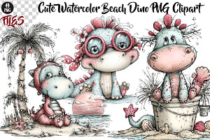 Cute Watercolor Beach Dino, a Seasonal Illustration by CreationArt