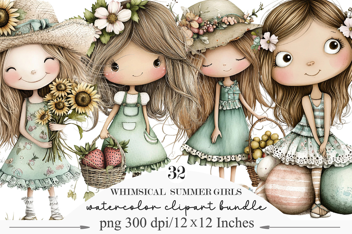 Whimsical Summer Girls Clipart, an Illustration by Designking (Photo 1 of 5)