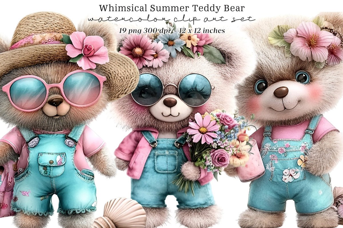 Whimsical summer teddy bear clipart, an Illustration by SinaCreation (Photo 1 of 9)