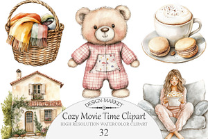 Watercolor Cozy Movie Time Clipart, an Illustration by Design Market