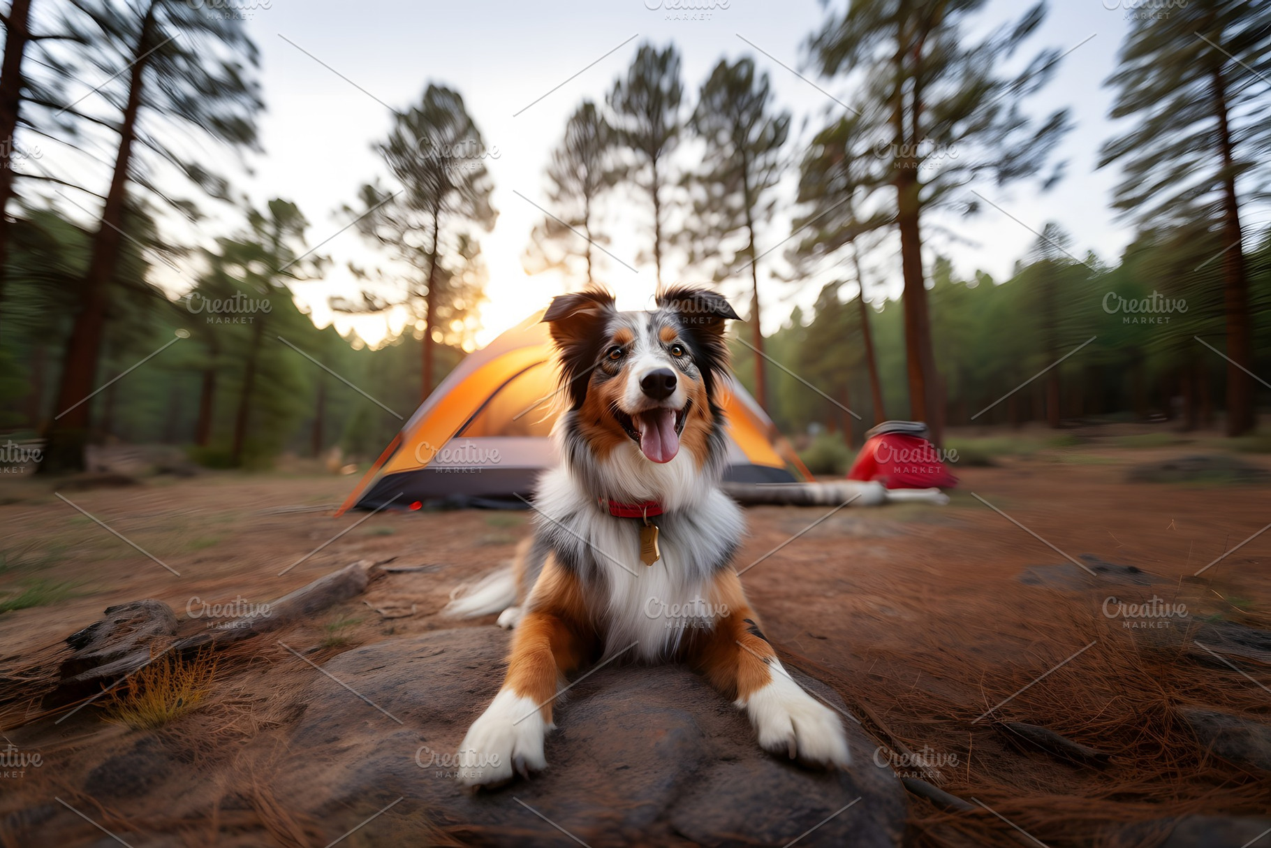 Portrait of Australian Shepherd dog in front of camping tent in mountain forest, an Animal Photo by Lenor4ik