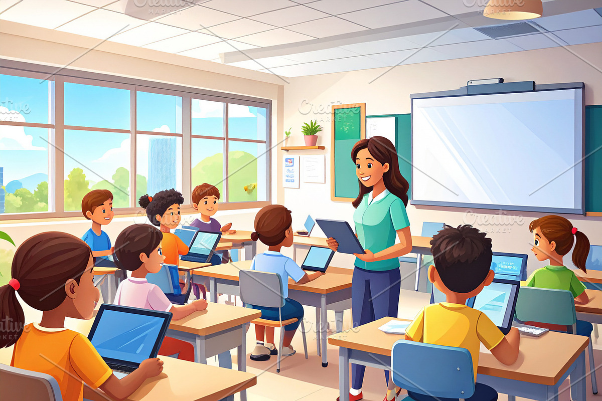 Students and a teacher at classroom using tablets and other tech, an Education Illustration by DanFLCreativo
