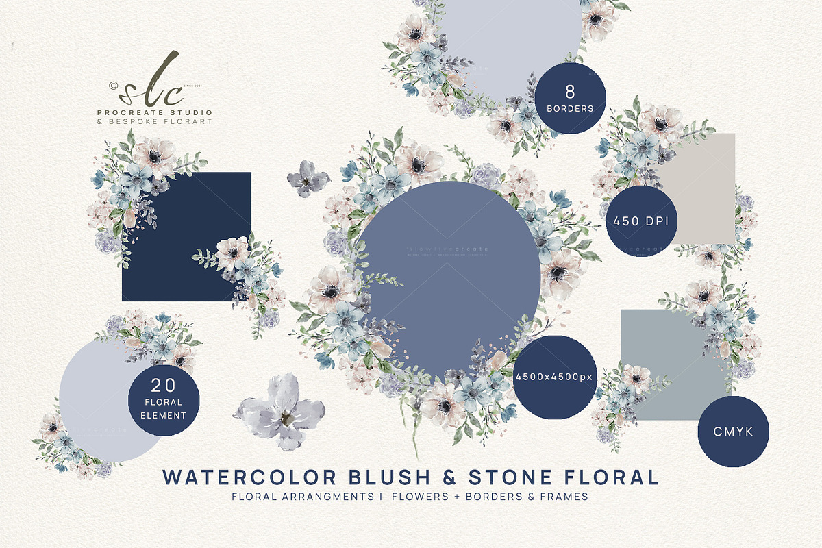 Blush & Stone Watercolor Flowers, a Decorative Illustration by slowlivecreate (Photo 2 of 6)