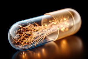 Glowing filament capsule on black reflective surface, an Abstract Photo by AlyaAnd