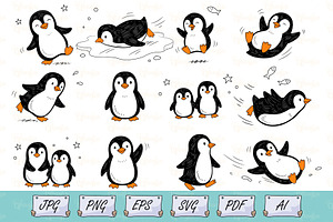 Cute Penguin Cartoon Doodle Set, an Animal Illustration by Ghagra