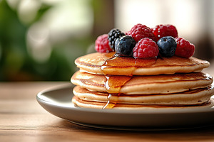 Fluffy pancakes stacked high with fresh berries and sweet syrup perfect for bre, a Food & Drink Photo by AlyaAnd