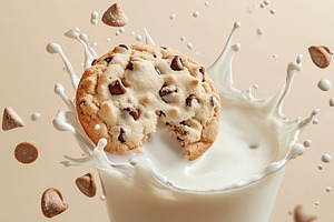 Chocolate cookie falling into glass with white milk, a Food & Drink Photo by AlyaAnd