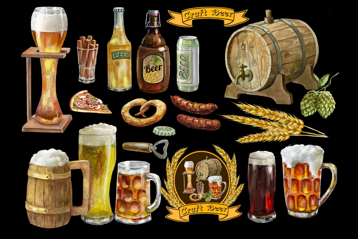 Beer and snacks watercolor set., a Food Illustration by AkvarelRiver (Photo 5 of 7)