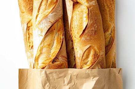 Freshly baked baguette in paper bag isolated on white background, a Food & Drink Photo by AlyaAnd