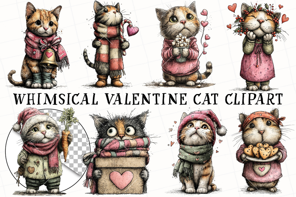 Whimsical Valentine Cat Clipart, an Illustration by OK Design (Photo 2 of 6)