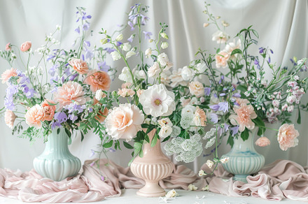 Three elegant vases holding pink and, a Photo by Iftikhar Alam