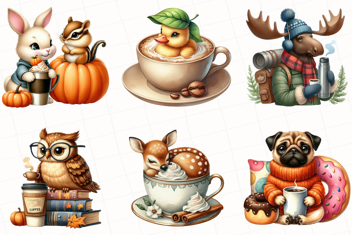 Fall Coffee Animals Clipart, an Illustration by OK Design (Photo 3 of 5)