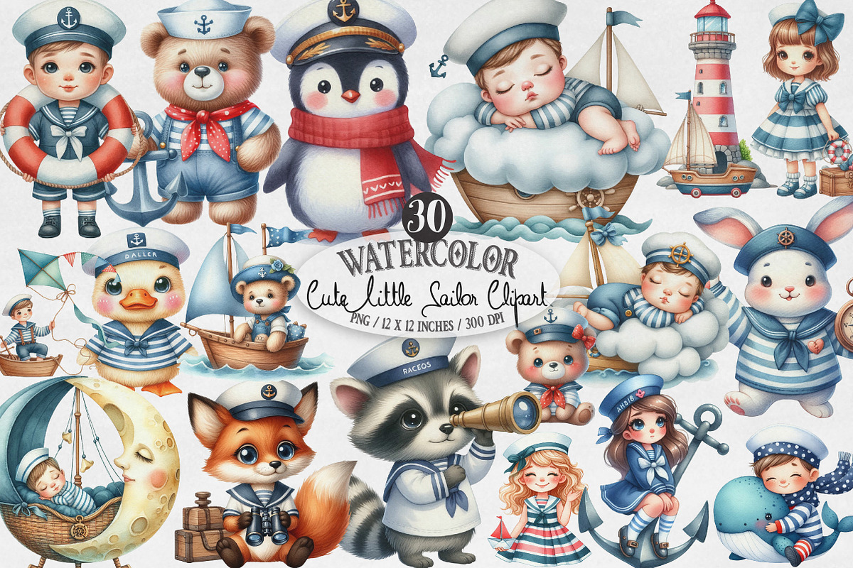 Cute Little Sailor Watercolor PNG, an Illustration by Designking (Photo 1 of 4)
