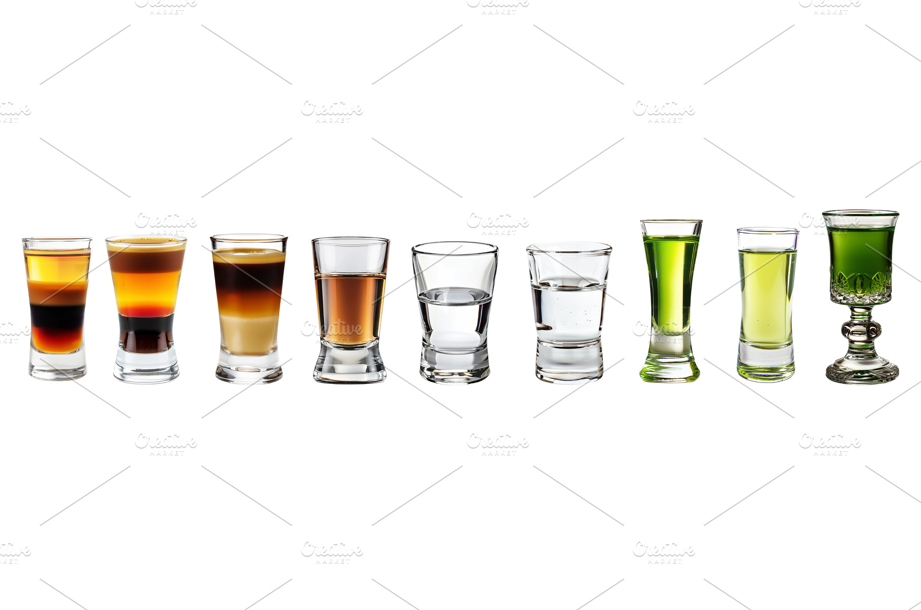 A lineup of layered and clear shot, a Food & Drink Photo by piter.goskov