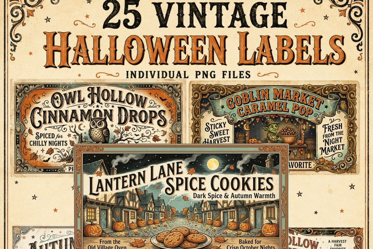 Vintage Halloween Labels PNG Bundle, a Seasonal Illustration by Tanya Kart (Photo 1 of 6)