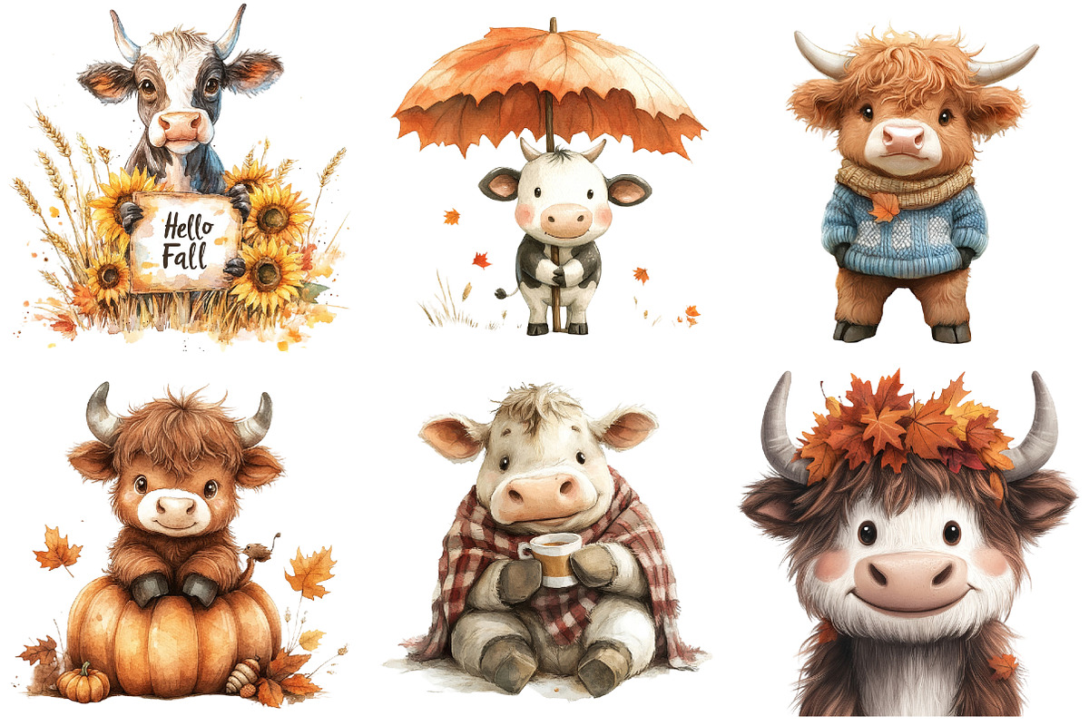 Watercolor Autumn Haighland Cow png, an Illustration by Watercolor design (Photo 2 of 4)