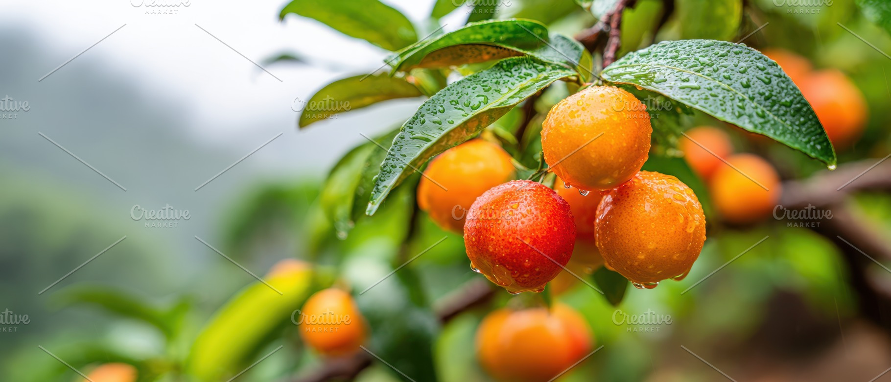 Ripe orange and red fruits with water droplets, a Food & Drink Photo by AlyaAnd