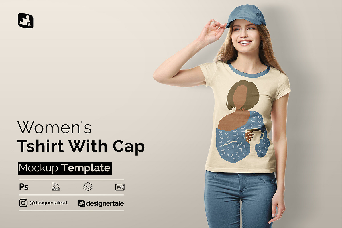 Women's Tshirt With Cap Mockup, a Shirt Mockup by Designertale (Photo 1 of 12)